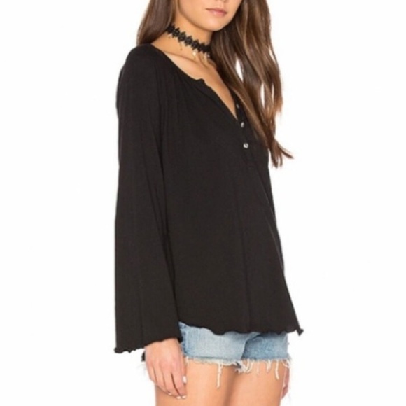 CHASER Bell Sleeve Shirred Henley in Black | Size Large - Picture 2 of 15